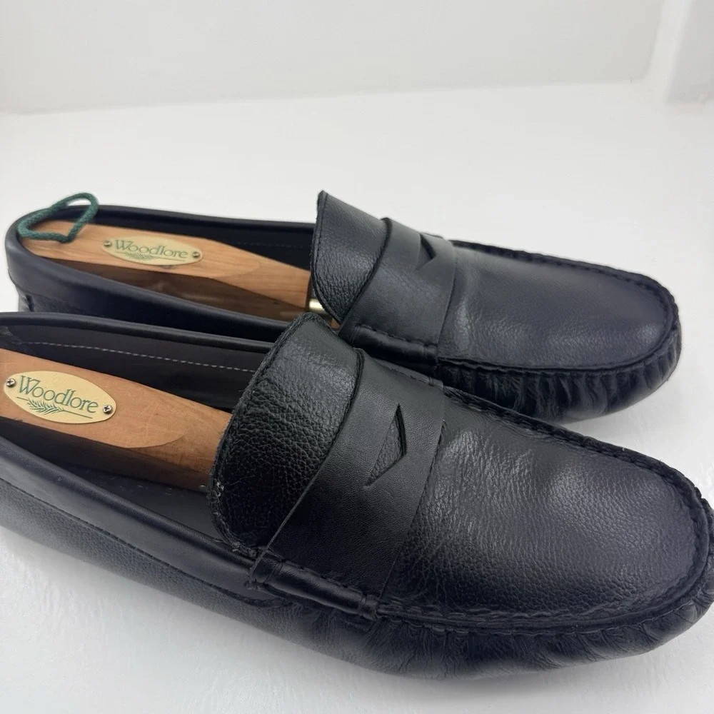 Donald Pliner Mens 10 Black Pebbled Leather Penny Loafers Driving Moc Shoes
